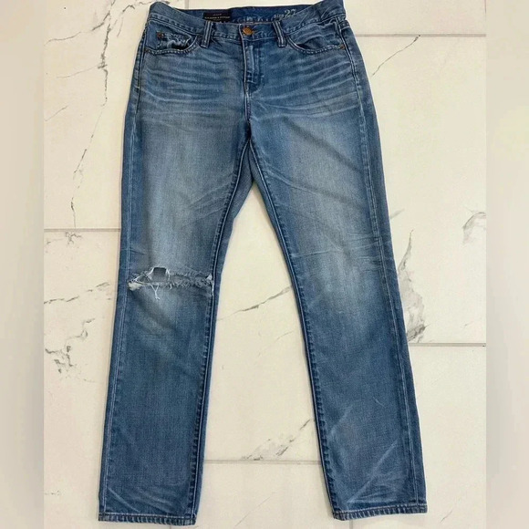 J Crew Womens Slim Broken In Boyfriend Jeans 27 Blue Distressed Ripped Mid Rise - Picture 1 of 9